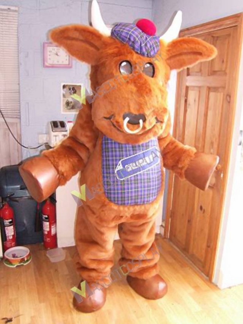 High Quality Adult Brown Bull Mascot Costume with Purple Hat