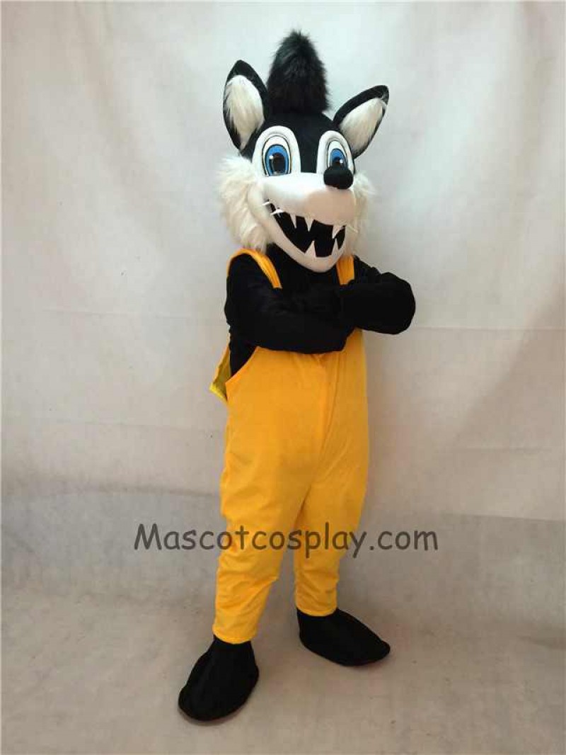 High Quality Big Bad Wolf Mascot Costume with Yellow Overalls