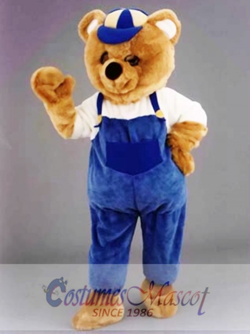 Teddy Bear Mascot Costume with Hat and Blue Overalls