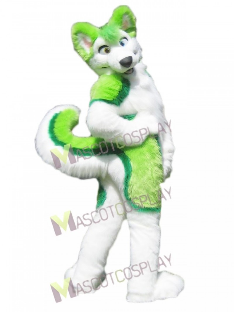 Green and White Husky Dog Fursuit Mascot Costume
