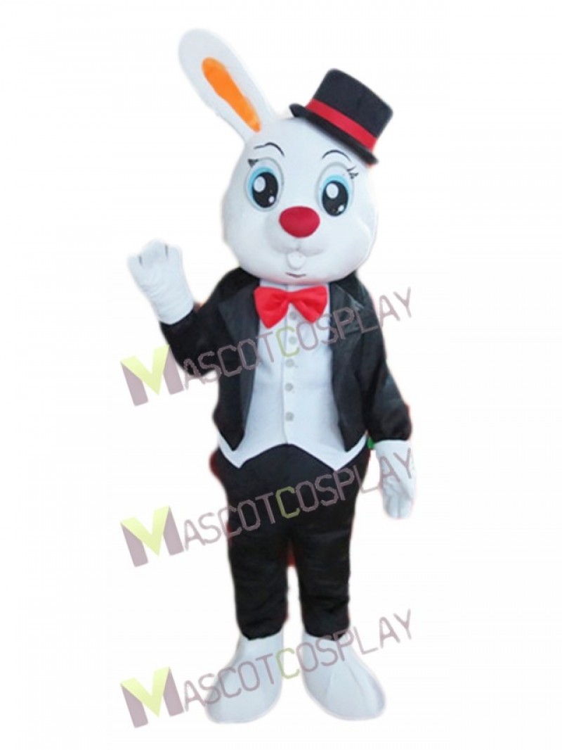 Single Ear Bunny in Tuxedo and Top Hat Mascot Costume