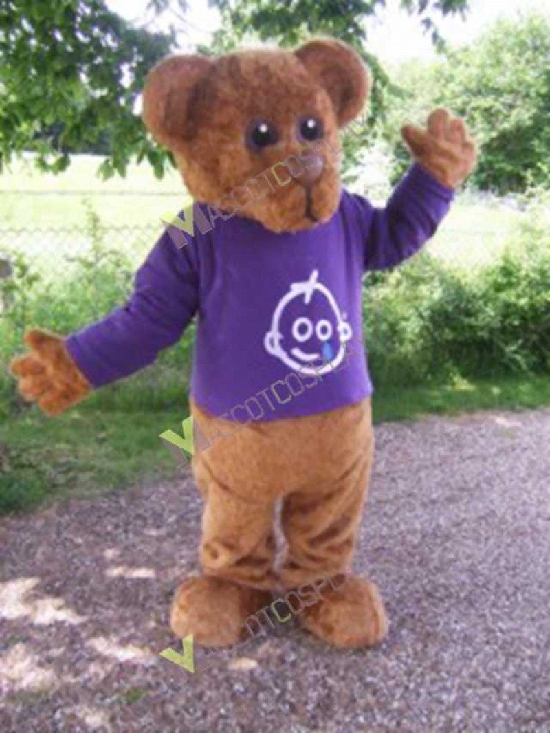 High Quality Adult Brown Bernard Bear Mascot Costume in Purple Shirt