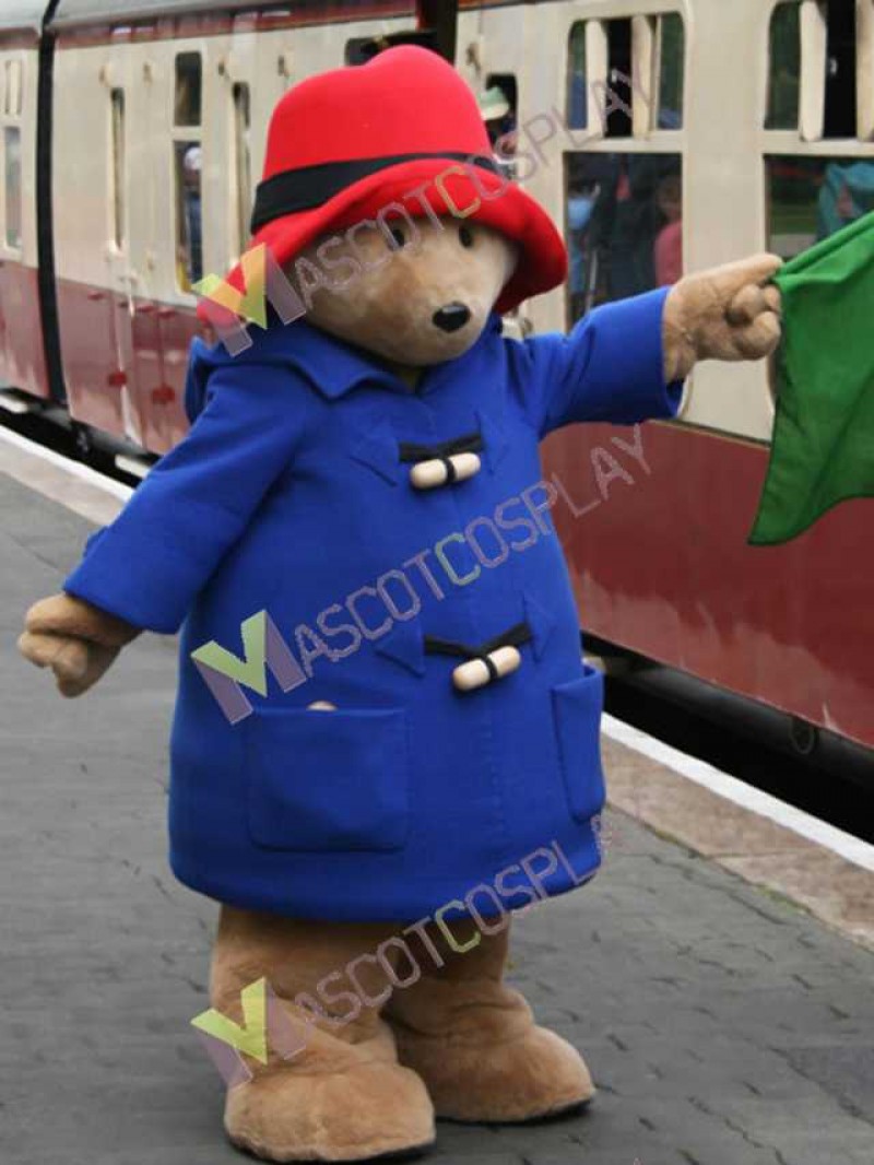 High Quality Adult Cartoon Bear in Blue Coat and Red Hat Mascot Costume
