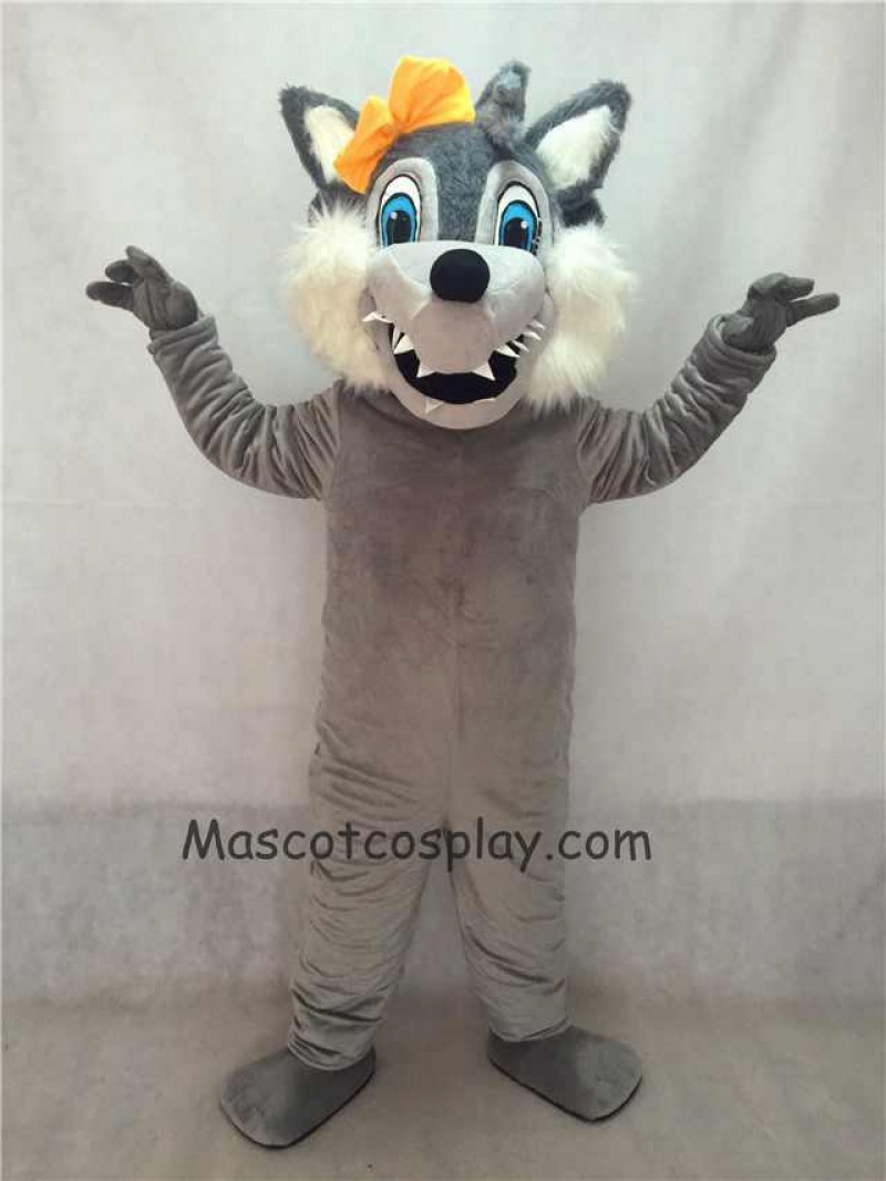 Grey Big Bad Female Wolf with Yellow Bow Mascot Costume