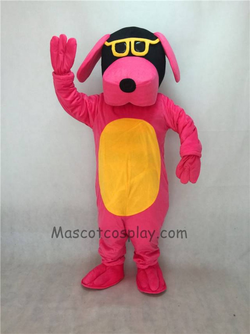 Cute Pink Dog with Yellow Belly and Glasses Adult Mascot Costume