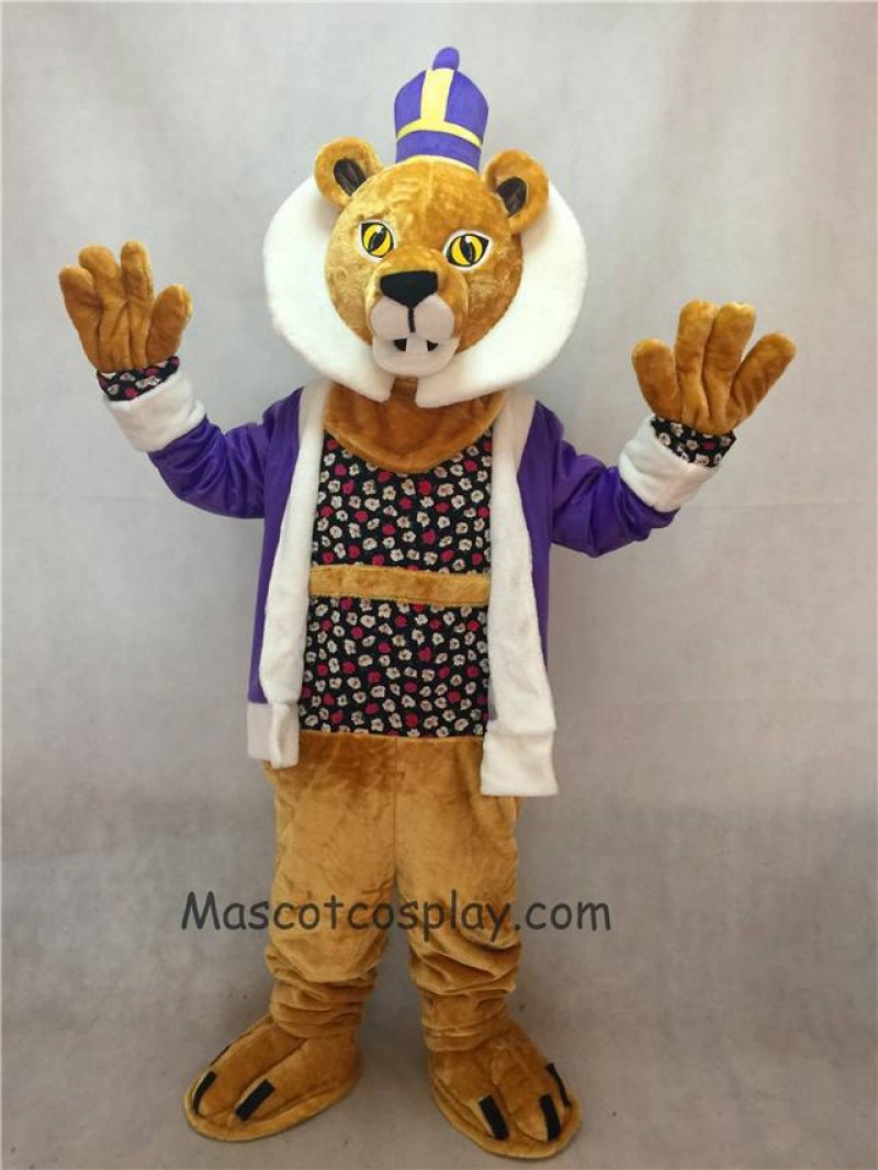 Hot Sale Adorable Realistic New King Lionel Lion Mascot Costume with Purple Clothes and Crown