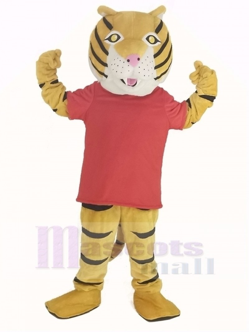 Happy Tiger in Red T-shirt Mascot Costume