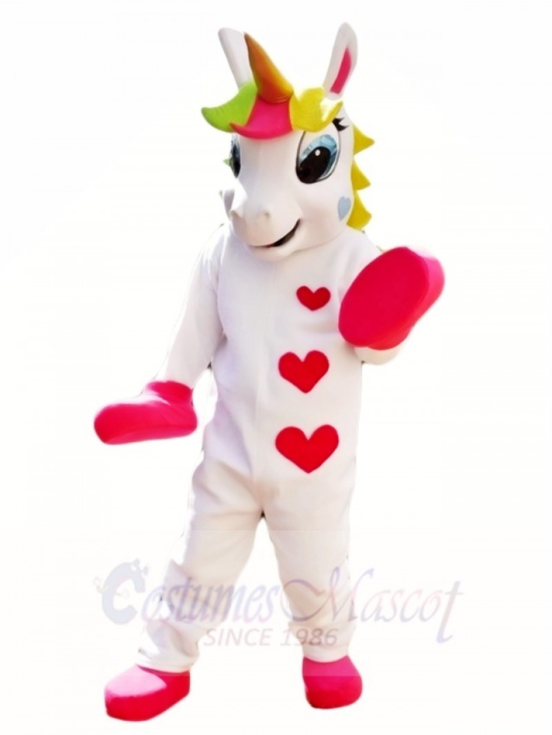 White Unicorn with Hearts and Colorful Horn Mascot Costumes