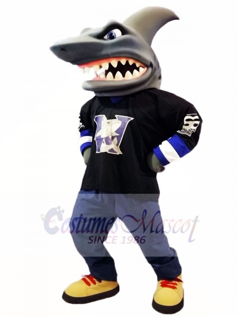 Black Shirt Shark Mascot Costume Ocean