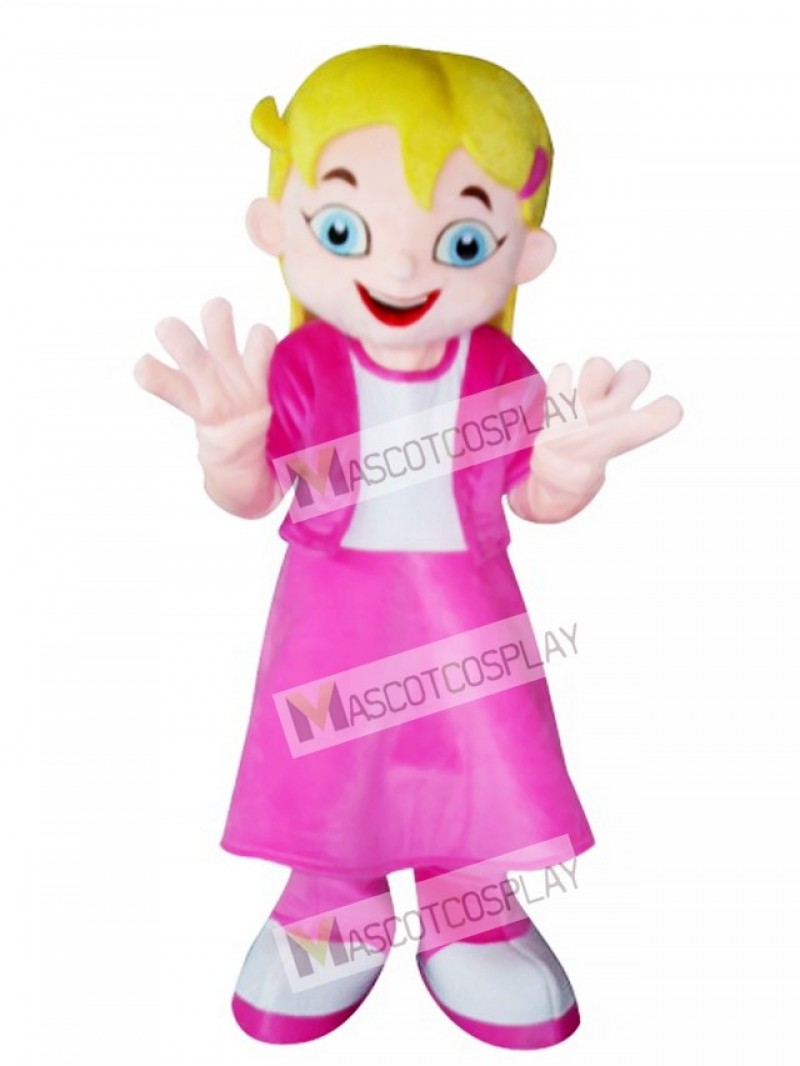 Yellow Hair Girl in Pink Dress Mascot Costume