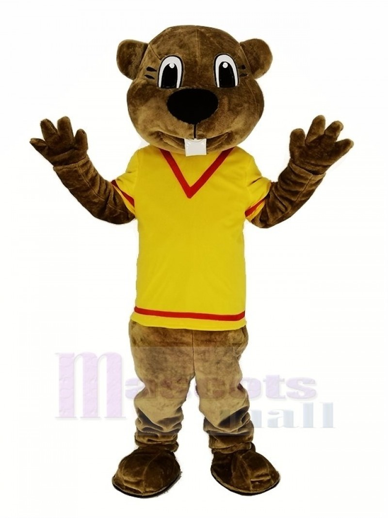 Brown Beaver in Yellow Shirt Mascot Costume Animal