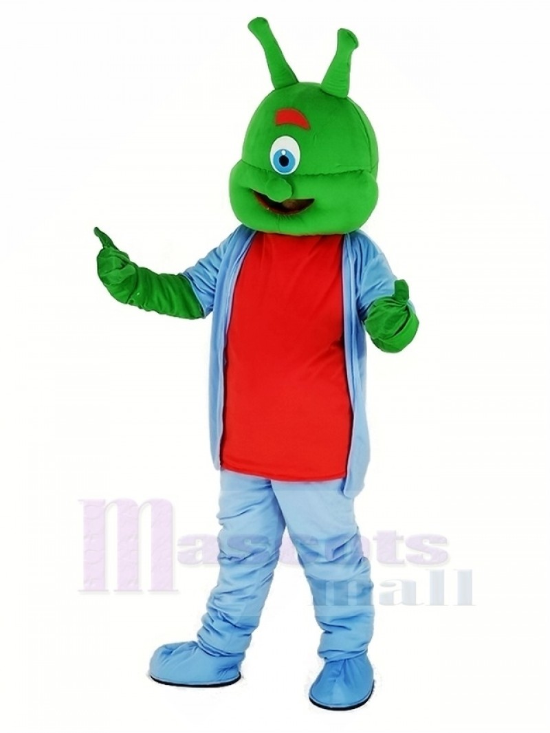 Green Alien with Blue Coat Mascot Costume Cartoon	