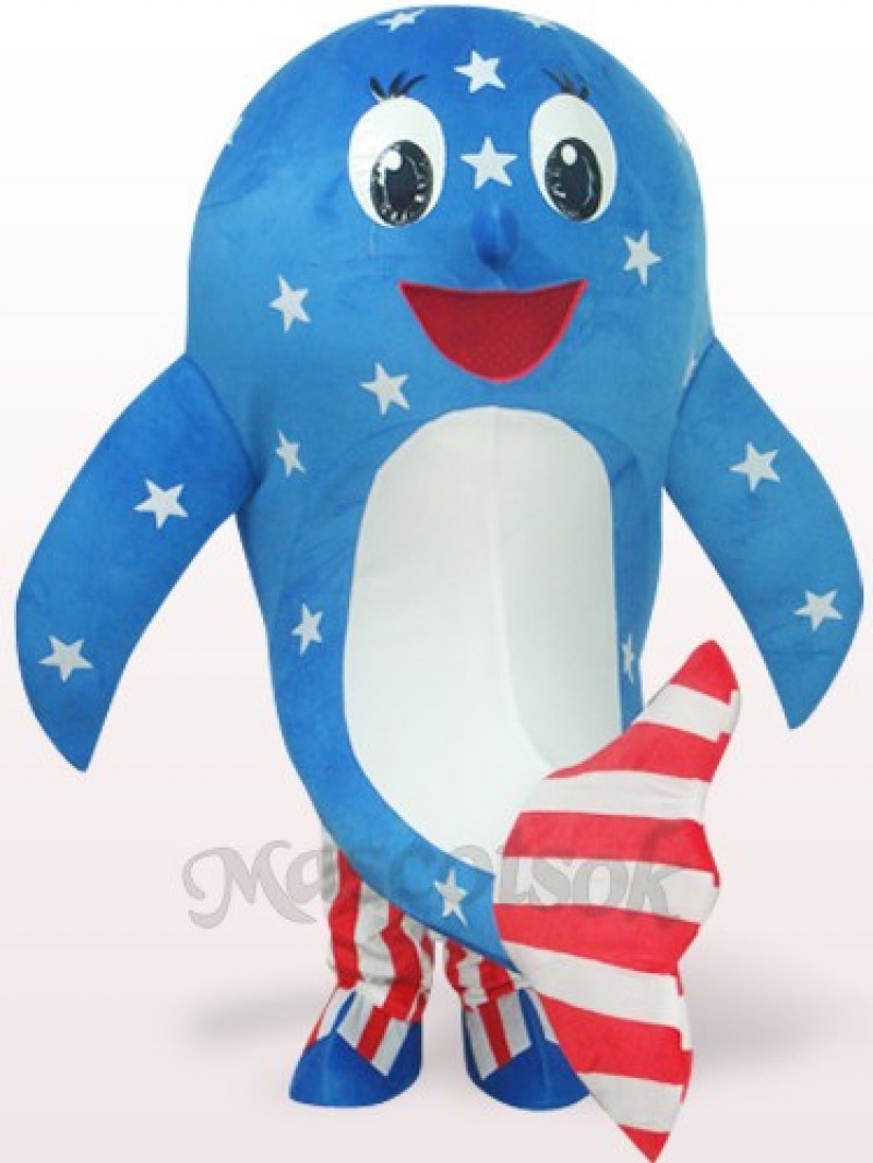 Blue American Dolphin Plush Adult Mascot Costume