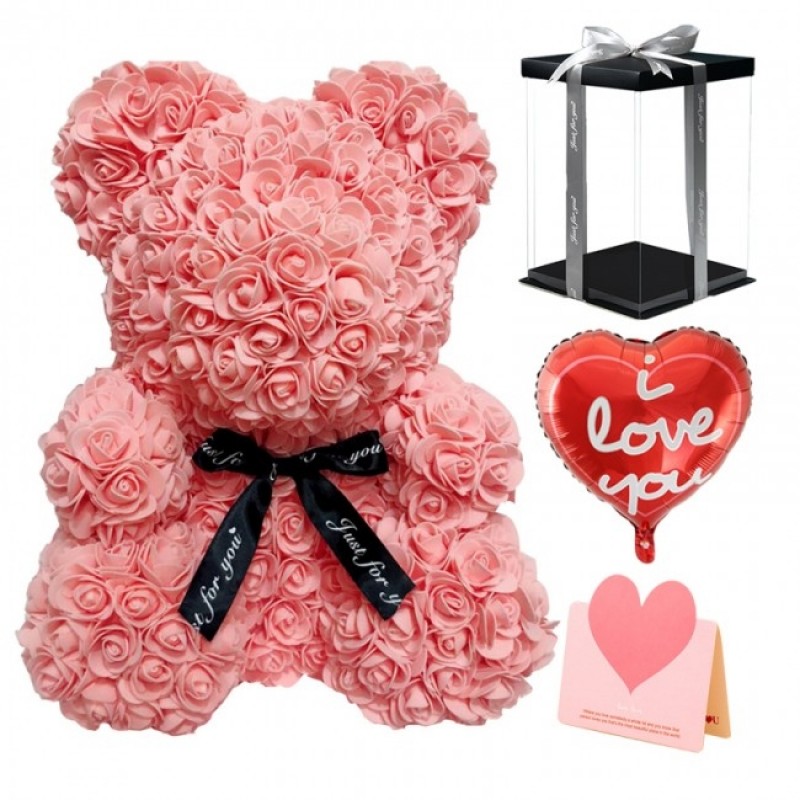 Pink Red Rose Teddy Bear Flower Bear with Balloon, Greeting Card & Gift Box for Mothers Day, Valentines Day, Anniversary, Weddings & Birthday