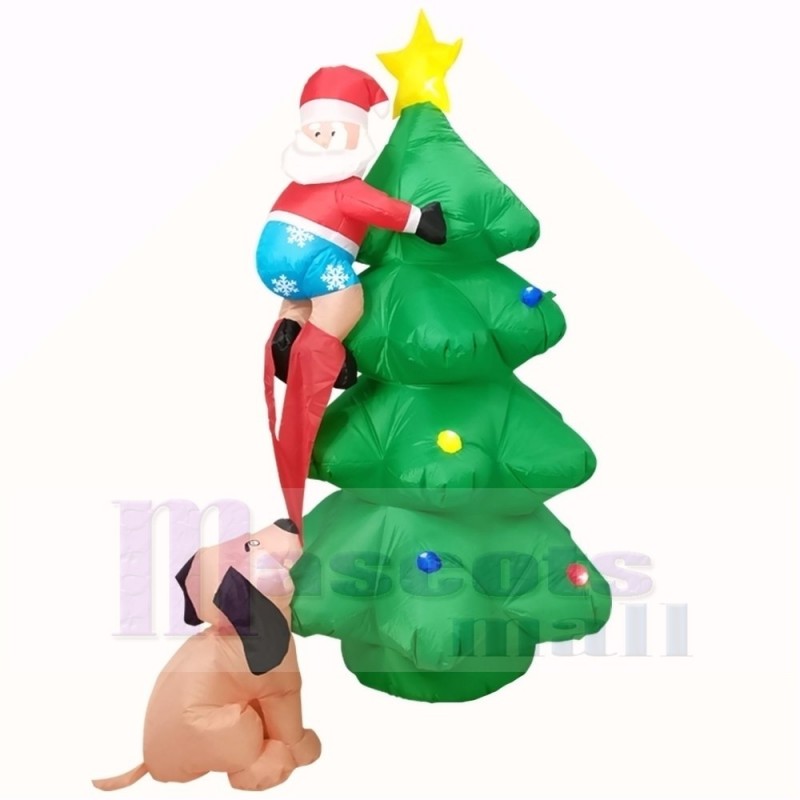  6ft Inflatable Santa Claus Climbing on Christmas Tree Chased by Dog with LED Lights Holiday Decoration Outdoor Yard Lawn Art Decor
