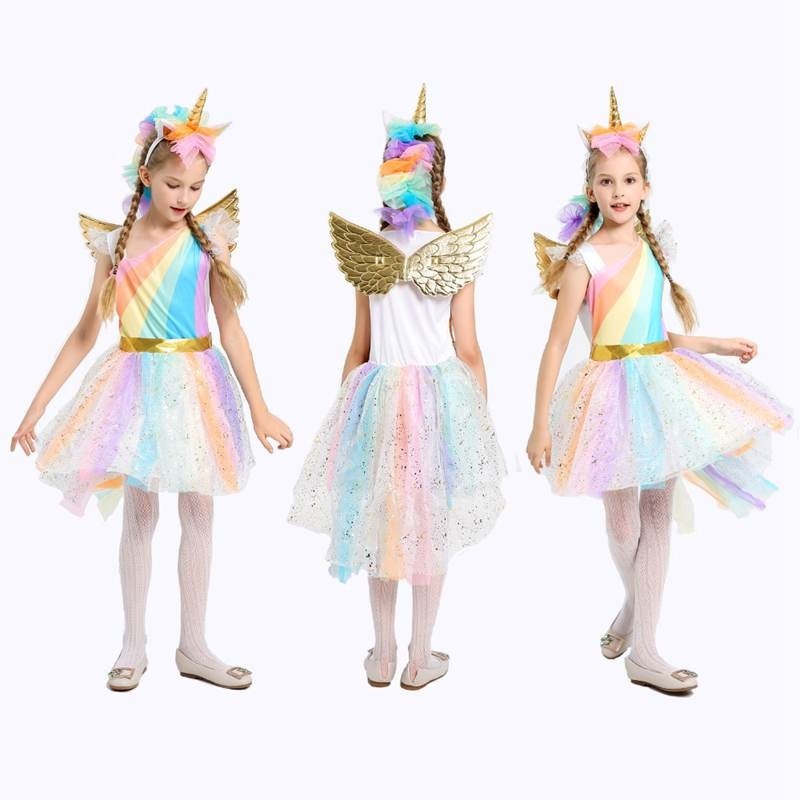 5-12Y Girl Unicorn Fancy Dress Costumes Rainbow Sequined Tutu Wedding Party Princess Dress with Hair Hoop Wings Set for Cosplay