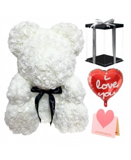White Rose Teddy Bear Flower Bear with Balloon, Greeting Card & Gift Box for Mothers Day, Valentines Day, Anniversary, Weddings & Birthday
