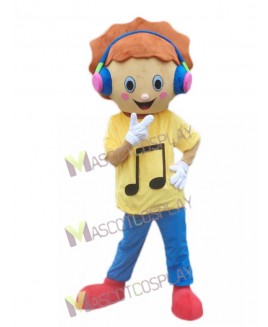 Music Boy with Headphone in Yellow Shirt Mascot Costume