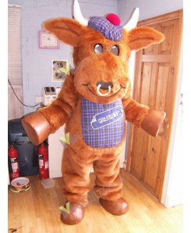 High Quality Adult Brown Bull Mascot Costume with Purple Hat