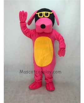 Cute Pink Dog with Yellow Belly and Glasses Adult Mascot Costume