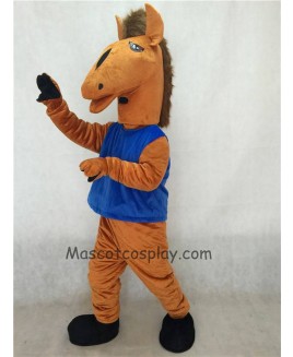 Hot Sale Adorable Realistic New Brown Mustang Mascot Costume with Blue Vest