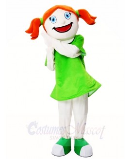 Smiling Face Girl in Green Dress Mascot Costumes 