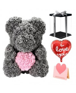 Gray Rose Teddy Bear Flower Bear with Pink Heart Best Gift for Mother's Day, Valentine's Day, Anniversary, Weddings and Birthday