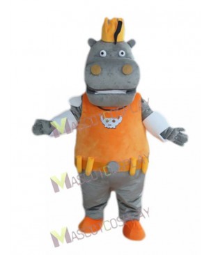 Cute Gray Hippo Hippopotamus King in Orange Vest Mascot Costume