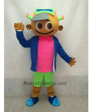 Cute Cap Boy in Blue Coat and Green Pants Mascot Costume