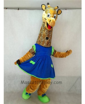 High Quality Adult Realistic New Friendly Giraffe Mascot Costume with Blue Dress