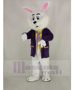White Easter Bunny Rabbit in Purple Coat Mascot Costume