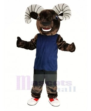 Dark Brown Sport Ram with Blue Vest Mascot Costume Animal