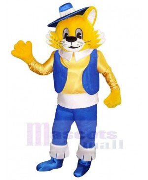 Yellow Cat Mascot Costume Animal in Blue Vest