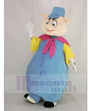 Pig in Blue and White Stripe Suit Mascot Costume