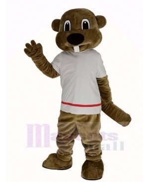 Alex the Beaver in White T-shirt Mascot Costume Animal