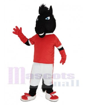 Black Horse in Red Jersey Mascot Costume Animal