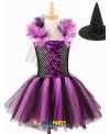 Purple Black Girls Witch Tutu Dress with Witch Hat Handmade Tulle Halloween Costume Carnival Cosplay Party Photo Dress