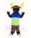 Brown Moose in Blue and Green T-shirt Mascot Costume