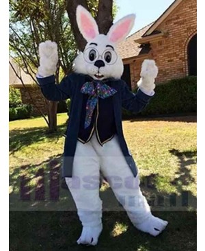 Friendly Easter Bunny Mascot Costume Animal in Blue Suit