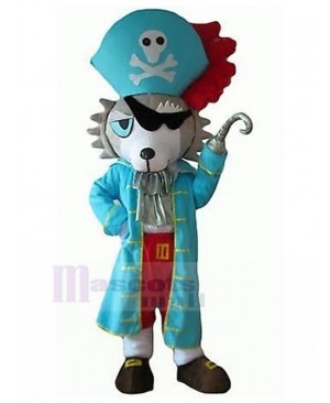 Gray and White Wolf Dog Mascot Costume with Blue Pirate Clothe Animal