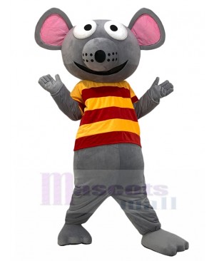 Grey Mouse Mascot Costume with Red and Yellow Striped Shirt Animal