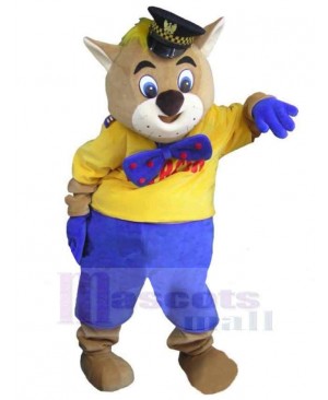 Cartoon Khaki Cat Sheriff Mascot Costume Animal in Blue Pants