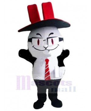 White Cat Manager Mascot Costume Animal with Red Hat