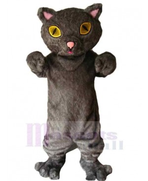 Pink Ears Grey Cat Mascot Costume Animal with Yellow Eyes