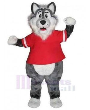 Gray Wolf Mascot Costume Animal in Red Sports T-shirt