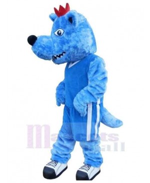 Plush Blue Wolf Mascot Costume Animal with Red Crown