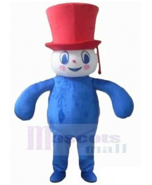 Blue Snowman Mascot Costume with Red Hat