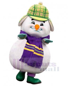 Funny Snowman Mascot Costume with Purple Scarf