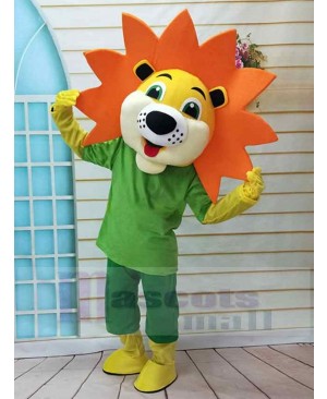 Yellow Lion Mascot Costume Animal in Green Clothes