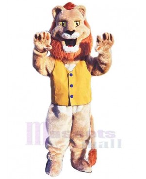 Brown Lion Mascot Costume Animal in Yellow Vest